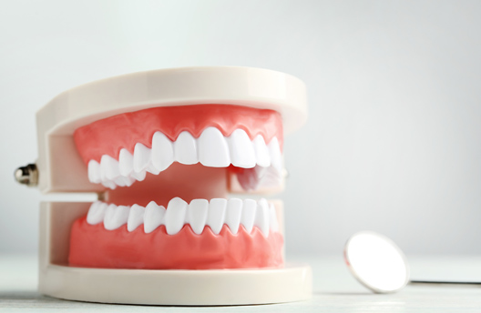 dentures next to dental tools 